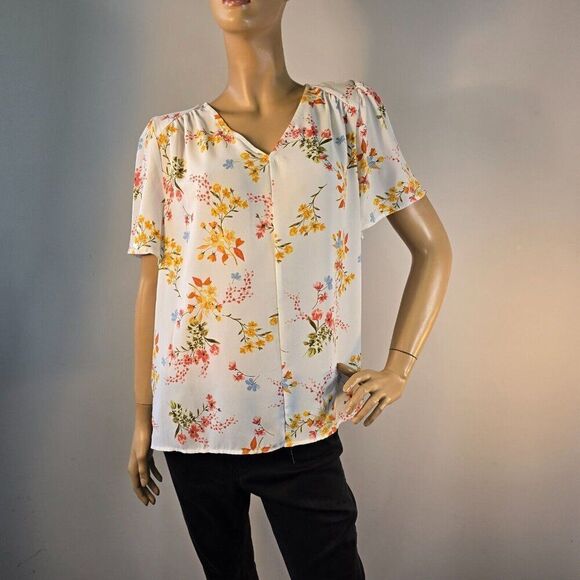 Liz Claiborne Top Floral Short Sleeve Blouse V Neck Spring Career Womens Size L - Picture 2 of 8